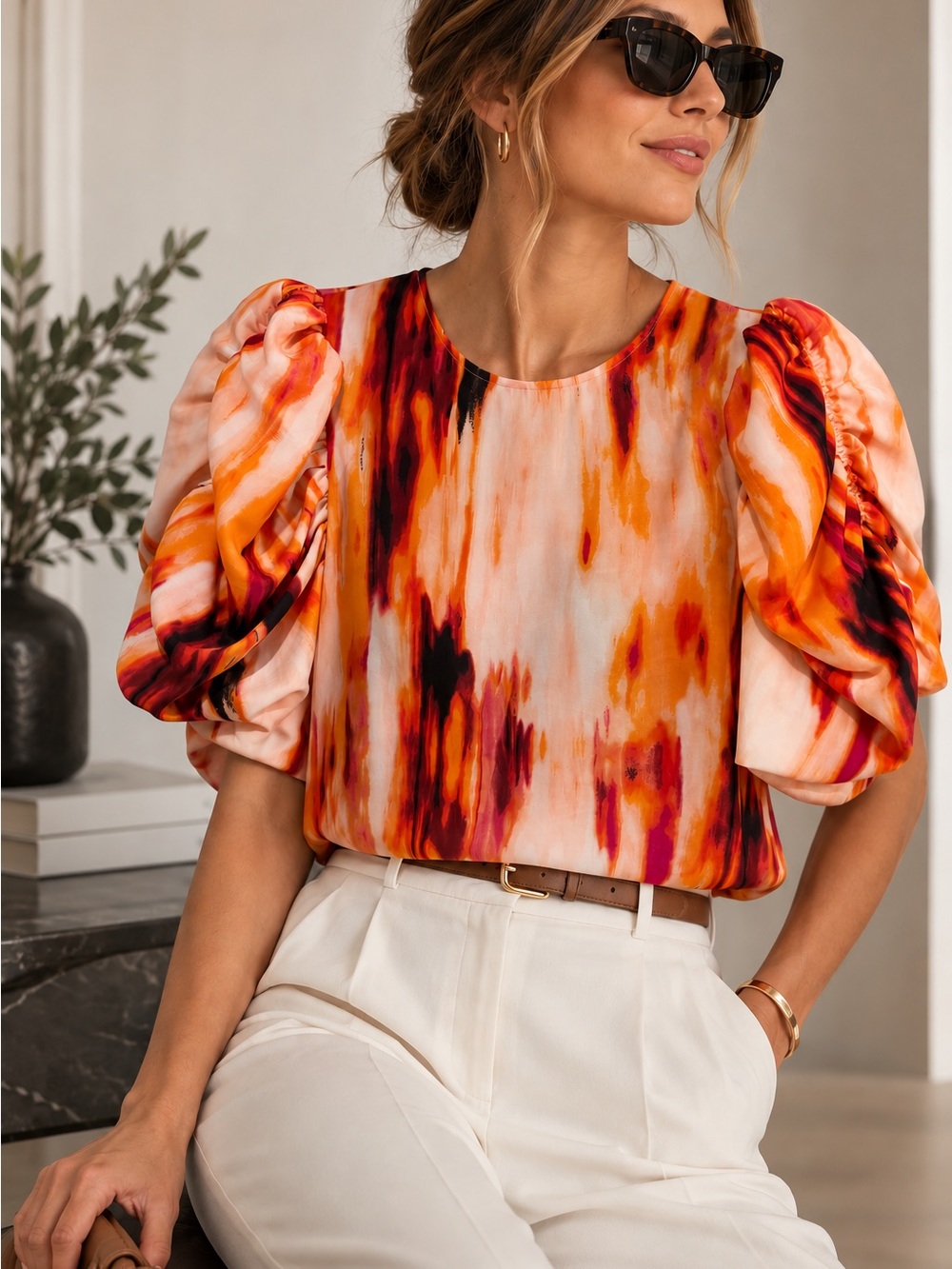 DKNY Abstract Print Ruched Puff Sleeve Blouse Top M Orange Pink